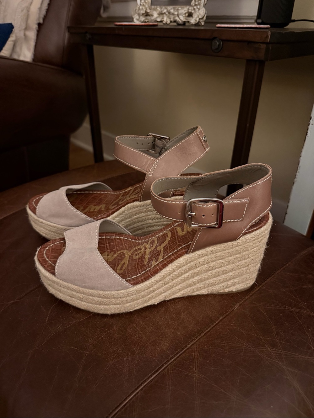 Sam Edelman Dimitree Taupe Suede & Saddle Leather Espadrille Wedge Sandal. NWOT.